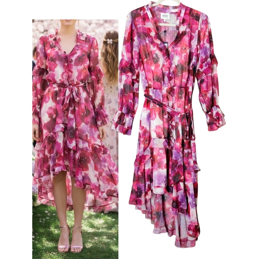 Marchesa Dress 12 Pink Floral Ruffle Midi Fall Wedding Guest Asymmetric Fairy